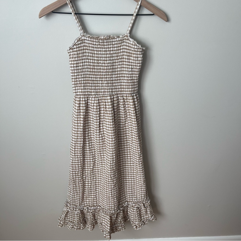 Brown and White Gingham Smocked Dress with Ruffle Hem